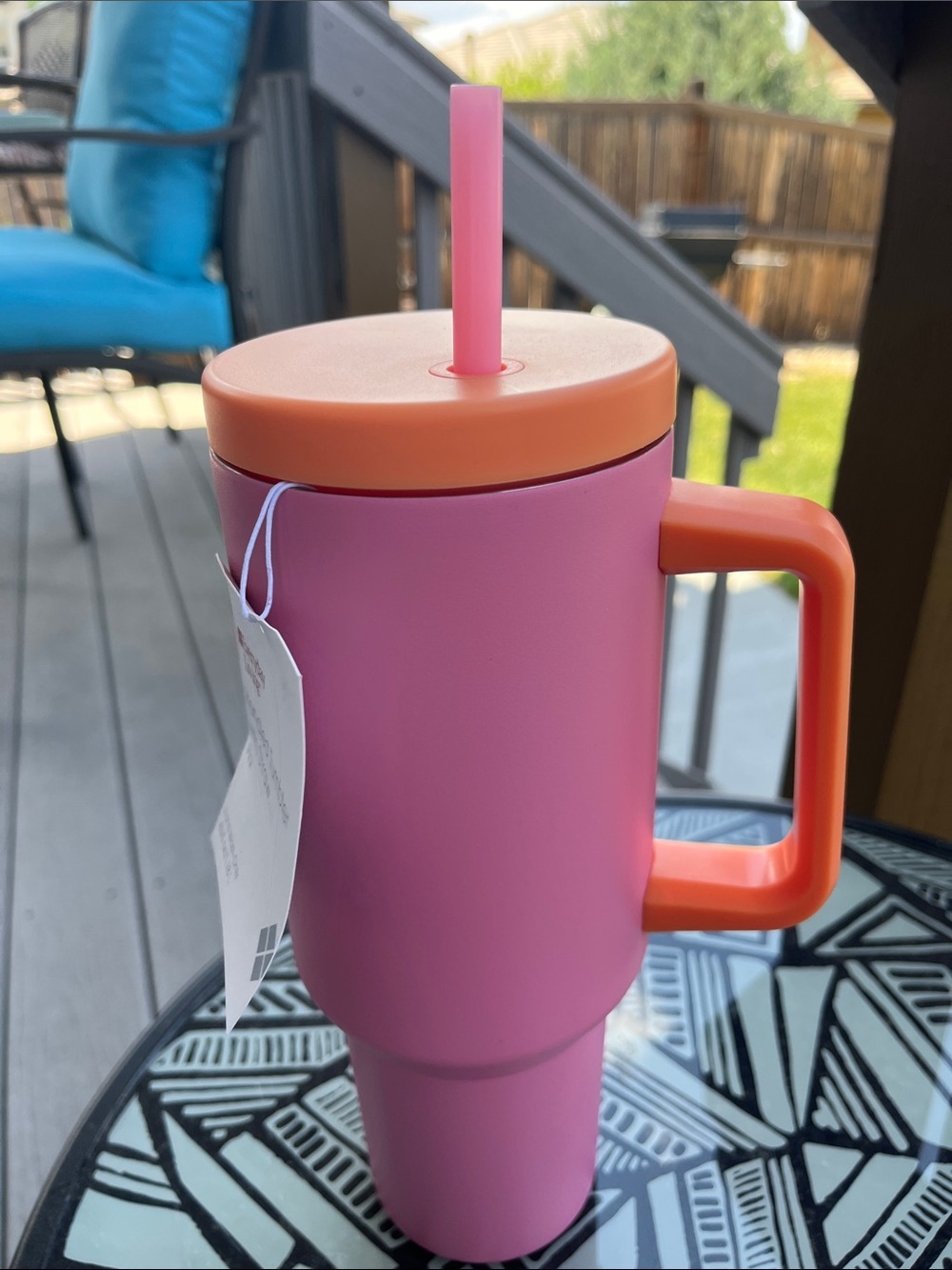 Insulated Pink Travel Tumbler With Orange Lid Handle And Straw NWT